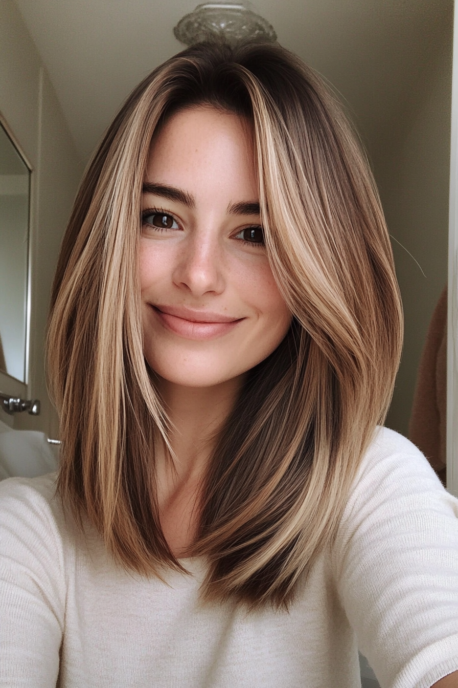 5. Layered Lob with Caramel Balayage (Hairstyles For Thin Straight Hair) - Hairstyles For Thin Straight Hair