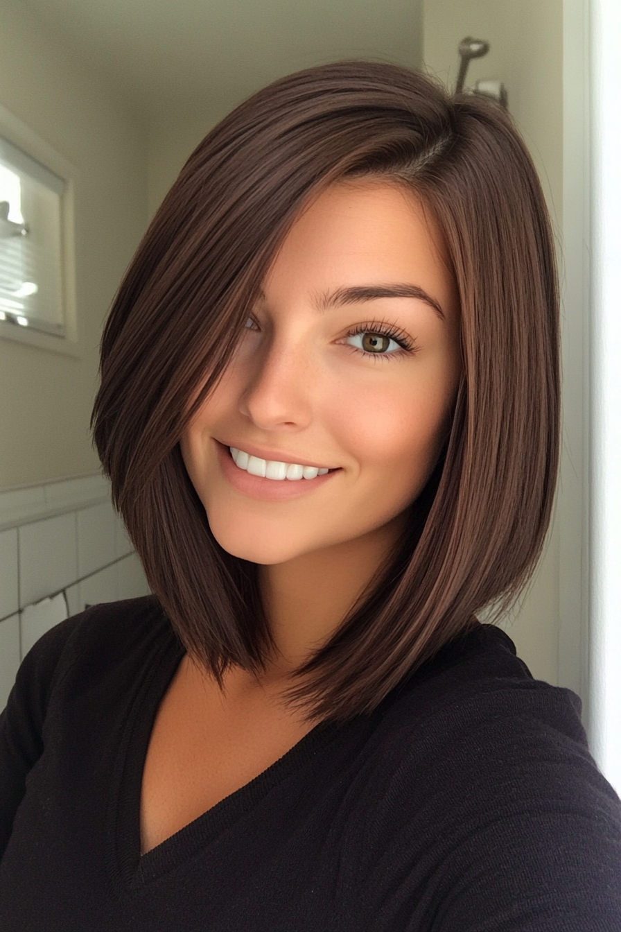 7. Angled Bob in Chocolate Brown (Hairstyles For Thin Straight Hair) - Hairstyles For Thin Straight Hair