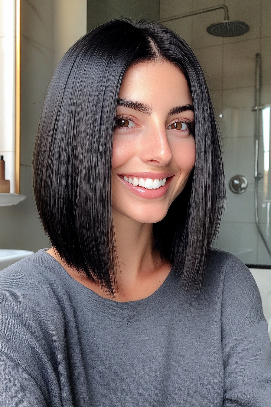 9. Sleek Shoulder-Length Cut in Jet Black (Hairstyles For Thin Straight Hair) - Hairstyles For Thin Straight Hair