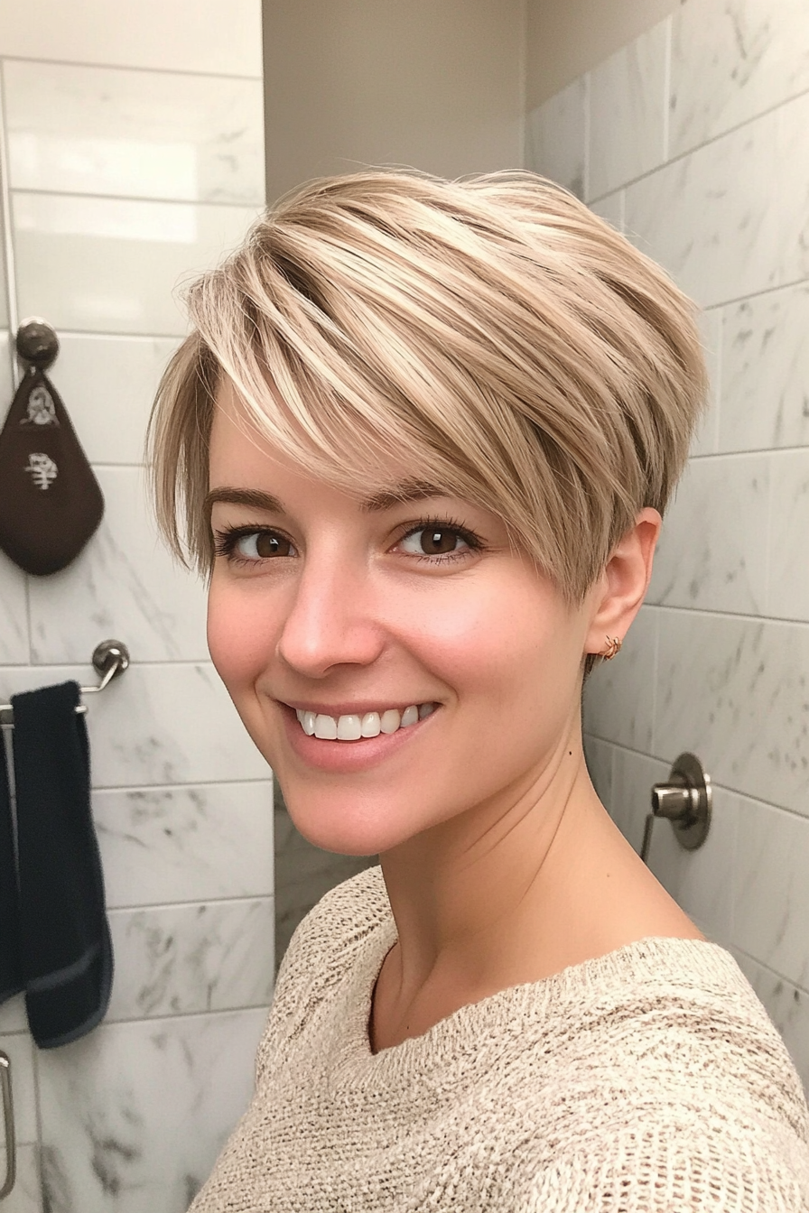 12. Layered Pixie in Ash Blonde (Hairstyles For Thin Straight Hair) - Hairstyles For Thin Straight Hair