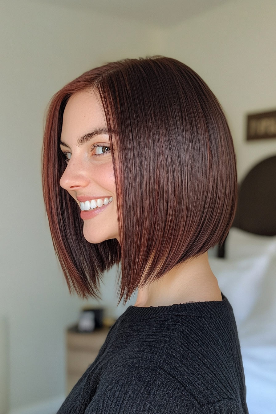 14. Asymmetrical Bob in Mahogany Brown (Hairstyles For Thin Straight Hair) - Hairstyles For Thin Straight Hair