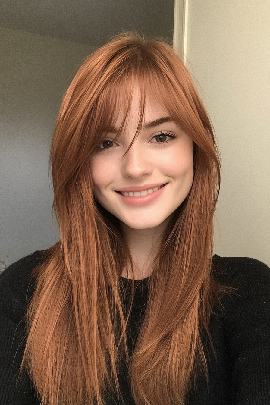 15. Wispy Bangs with Warm Auburn Highlights (Hairstyles For Thin Straight Hair) - Hairstyles For Thin Straight Hair
