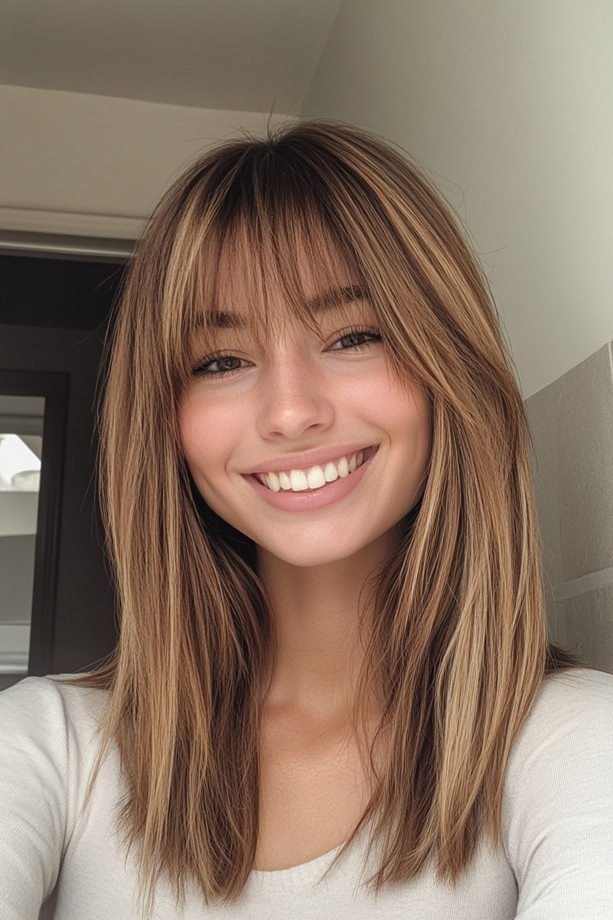 20. Fringed Lob with Honey Brown Lowlights (Hairstyles For Thin Straight Hair) - Hairstyles For Thin Straight Hair