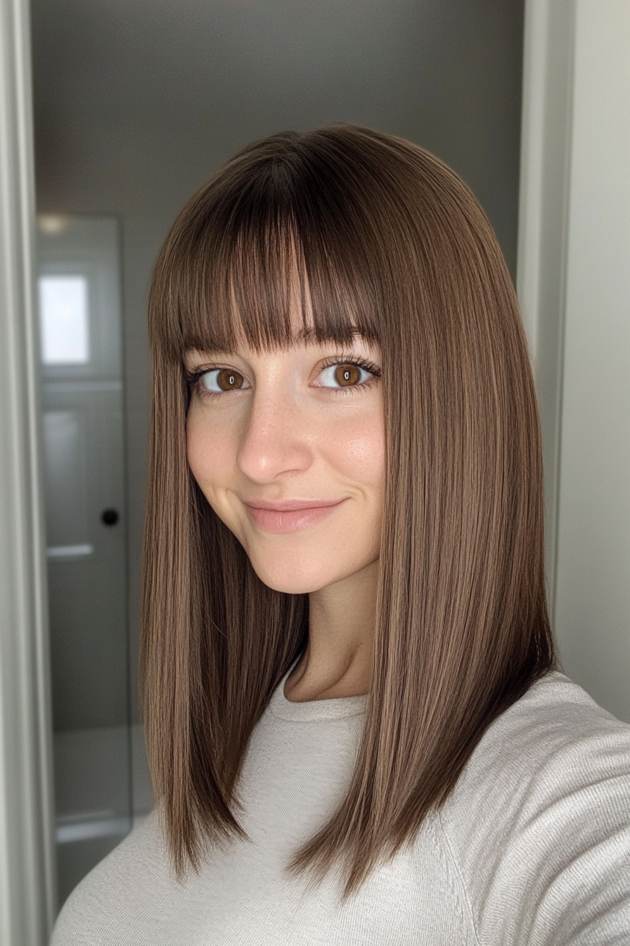 24. Blunt Bangs with Espresso Brown Base (Hairstyles For Thin Straight Hair) - Hairstyles For Thin Straight Hair