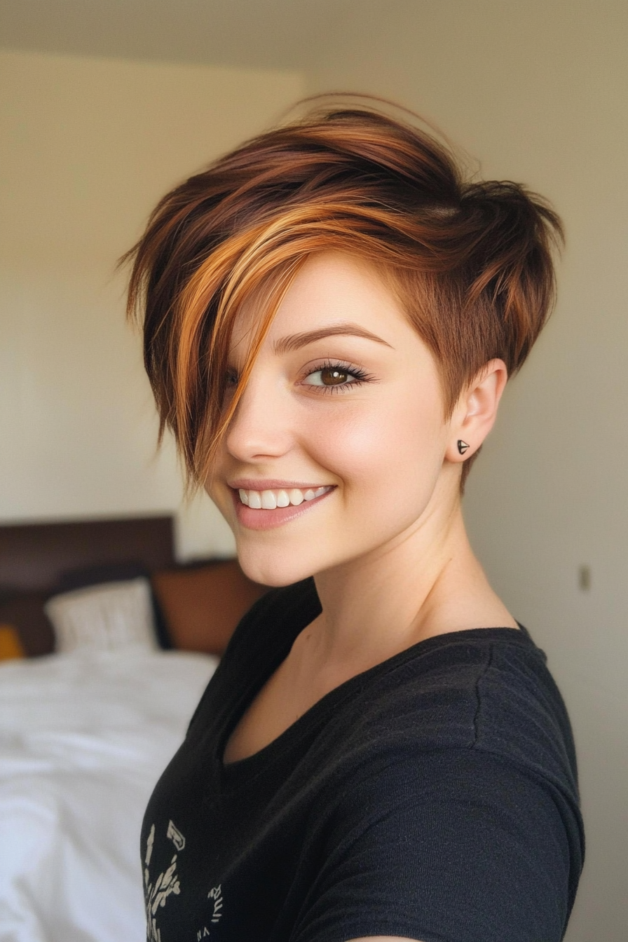6. Asymmetrical Pixie with Auburn Highlights (Short Pixie Haircuts) - Short Pixie Haircuts