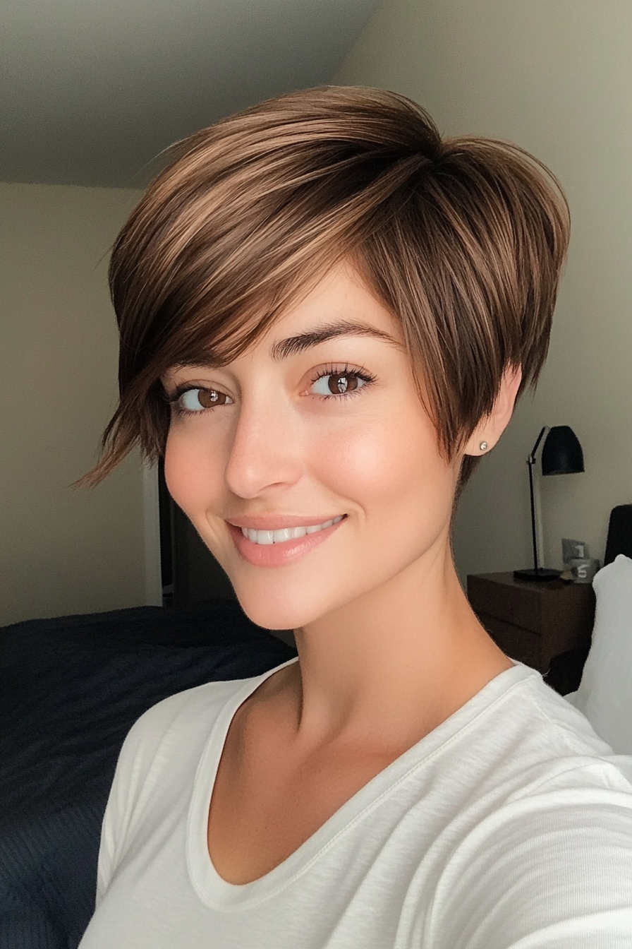 9. Pixie with Side-Swept Bangs in Honey Brown (Short Pixie Haircuts) - Short Pixie Haircuts