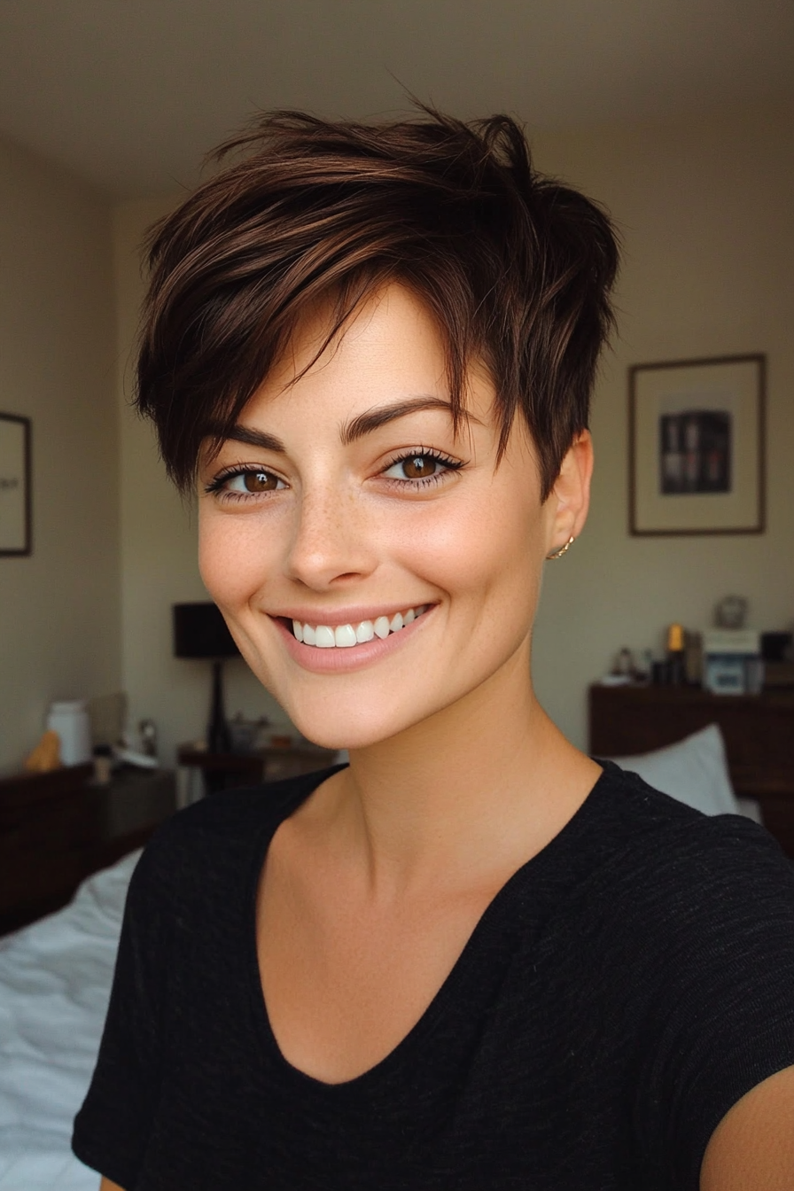 17. Disconnected Pixie with Dark Chocolate Highlights (Short Pixie Haircuts) - Short Pixie Haircuts