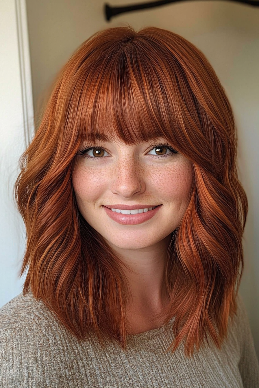 13. Cinnamon Spice Lob with Fringe (Spring Hairstyles) - Spring Hairstyles