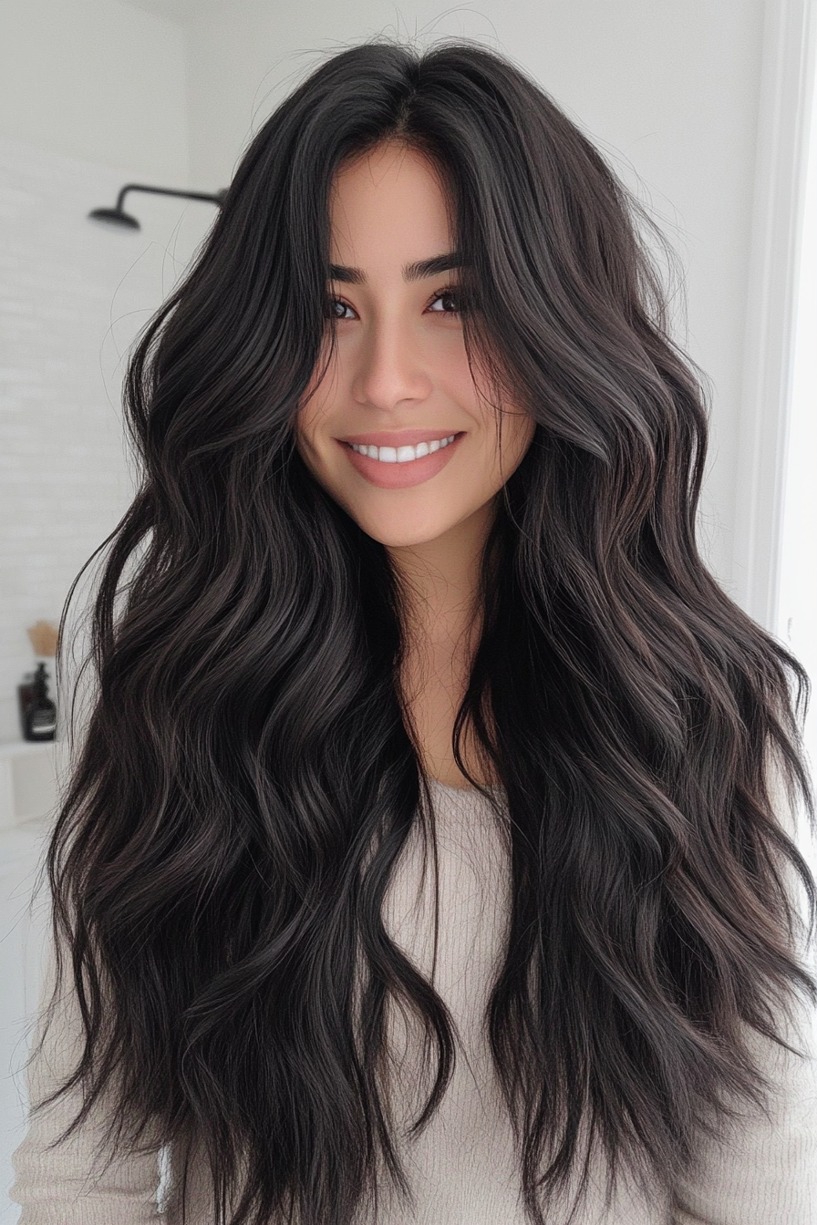 5. Feathered Waves in Black Coffee (Long Wavy Haircuts) - Long Wavy Haircuts