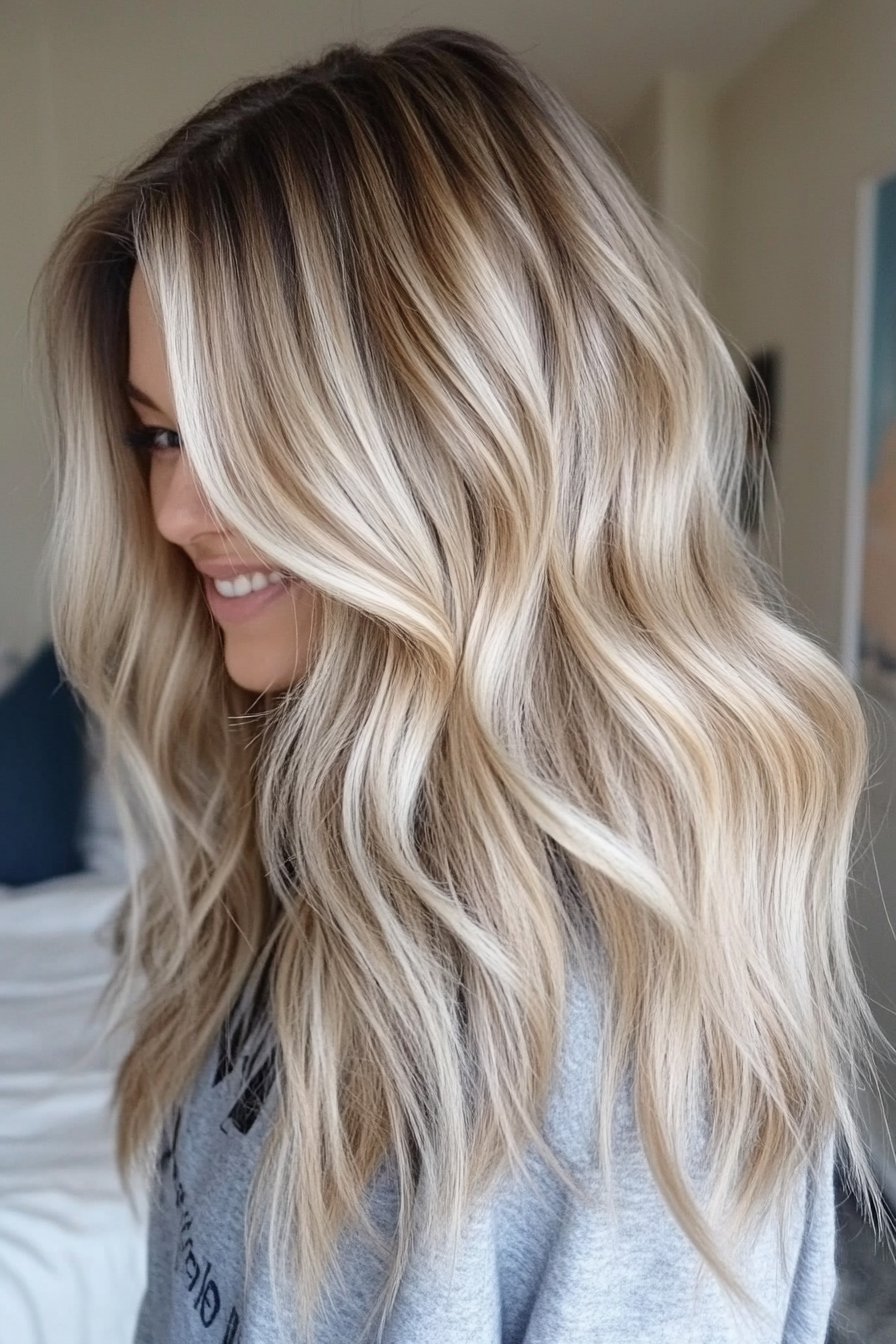 14. Blended Layers in Champagne Blonde (Long Wavy Haircuts) - Long Wavy Haircuts