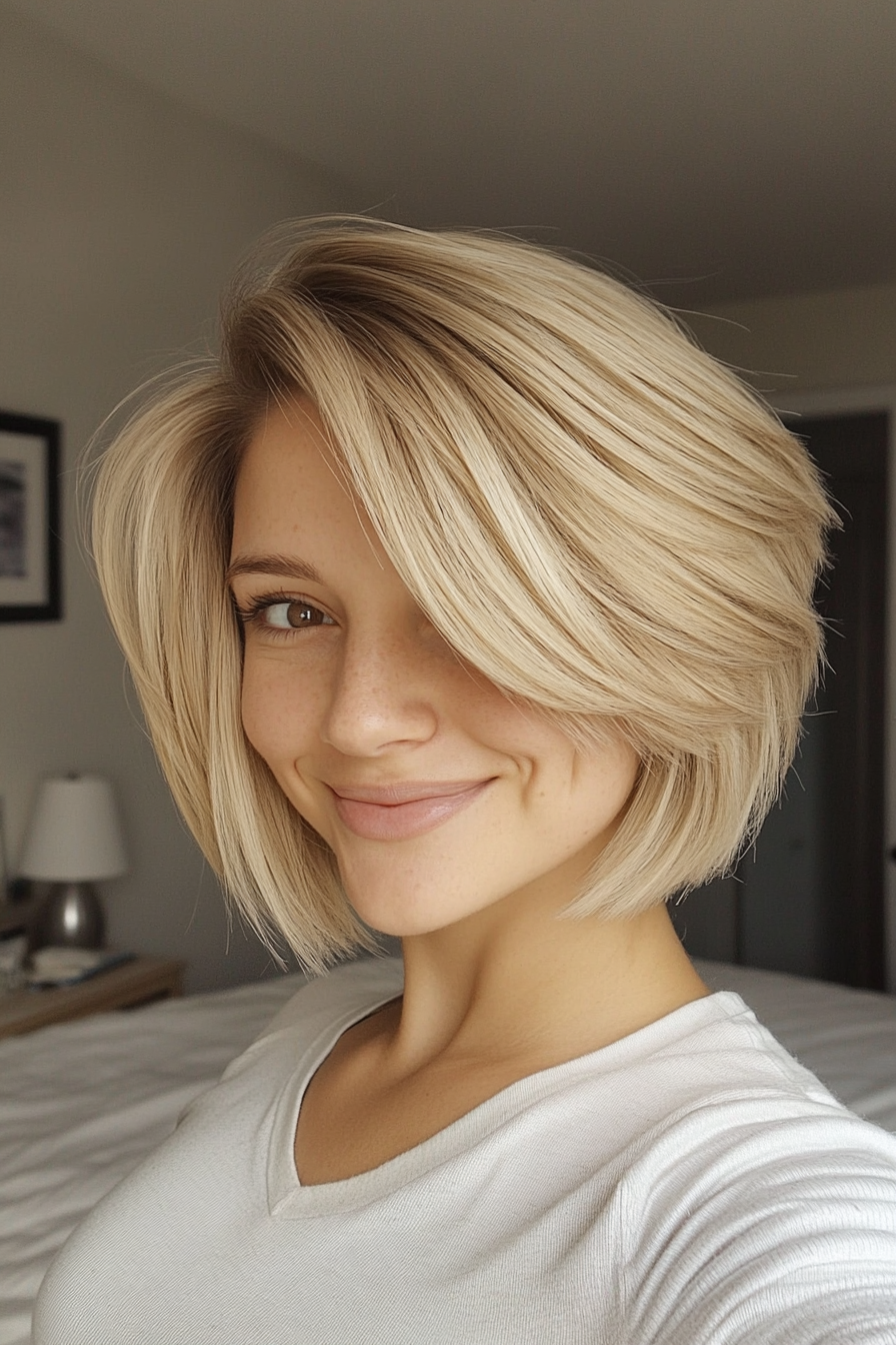 22. Beige Blonde Layered Sweep (Layered Haircuts For Short Hair) - Layered Haircuts For Short Hair