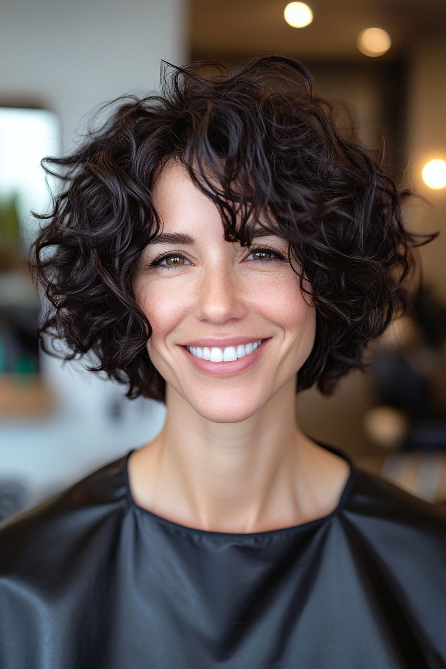 26. Dark Chocolate Curly Bob (Layered Haircuts For Short Hair) - Layered Haircuts For Short Hair