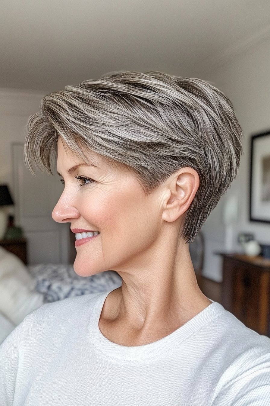 2. Textured Pixie with Salt-and-Pepper Highlights (Short Haircuts For Women Over 50) - Short Haircuts For Women Over 50