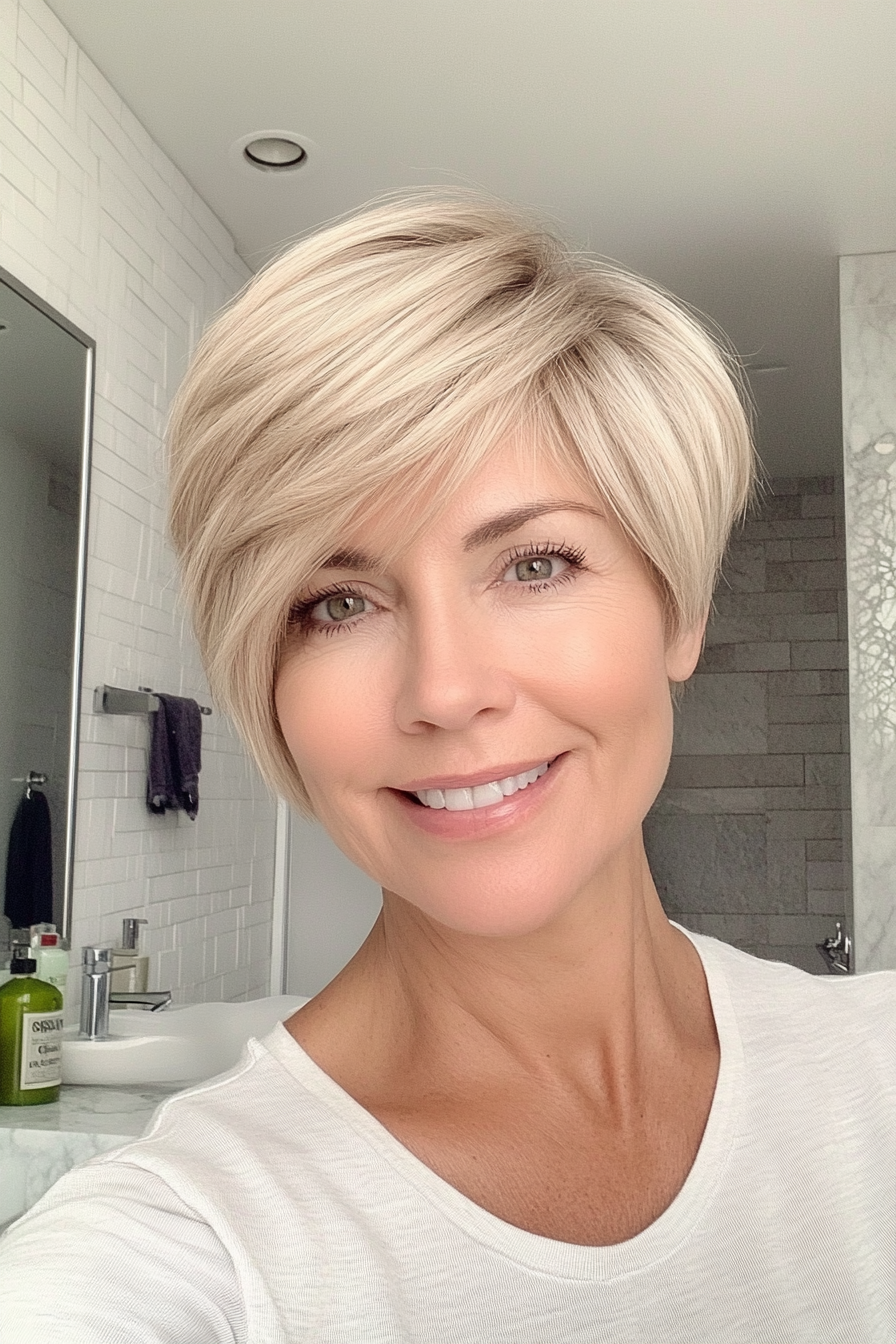 4. Side-Swept Bangs with Sandy Blonde (Short Haircuts For Women Over 50) - Short Haircuts For Women Over 50