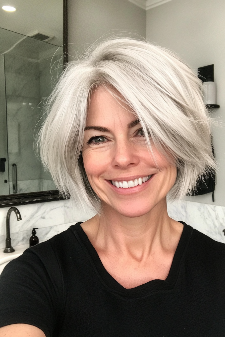 7. Wispy Shag with Silver Blonde (Short Haircuts For Women Over 50) - Short Haircuts For Women Over 50