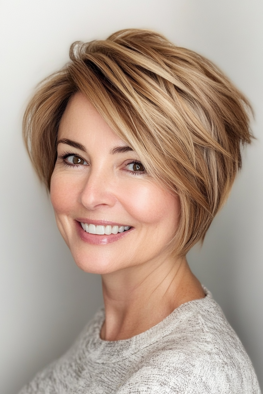 9. Asymmetrical Bob with Golden Brown (Short Haircuts For Women Over 50) - Short Haircuts For Women Over 50