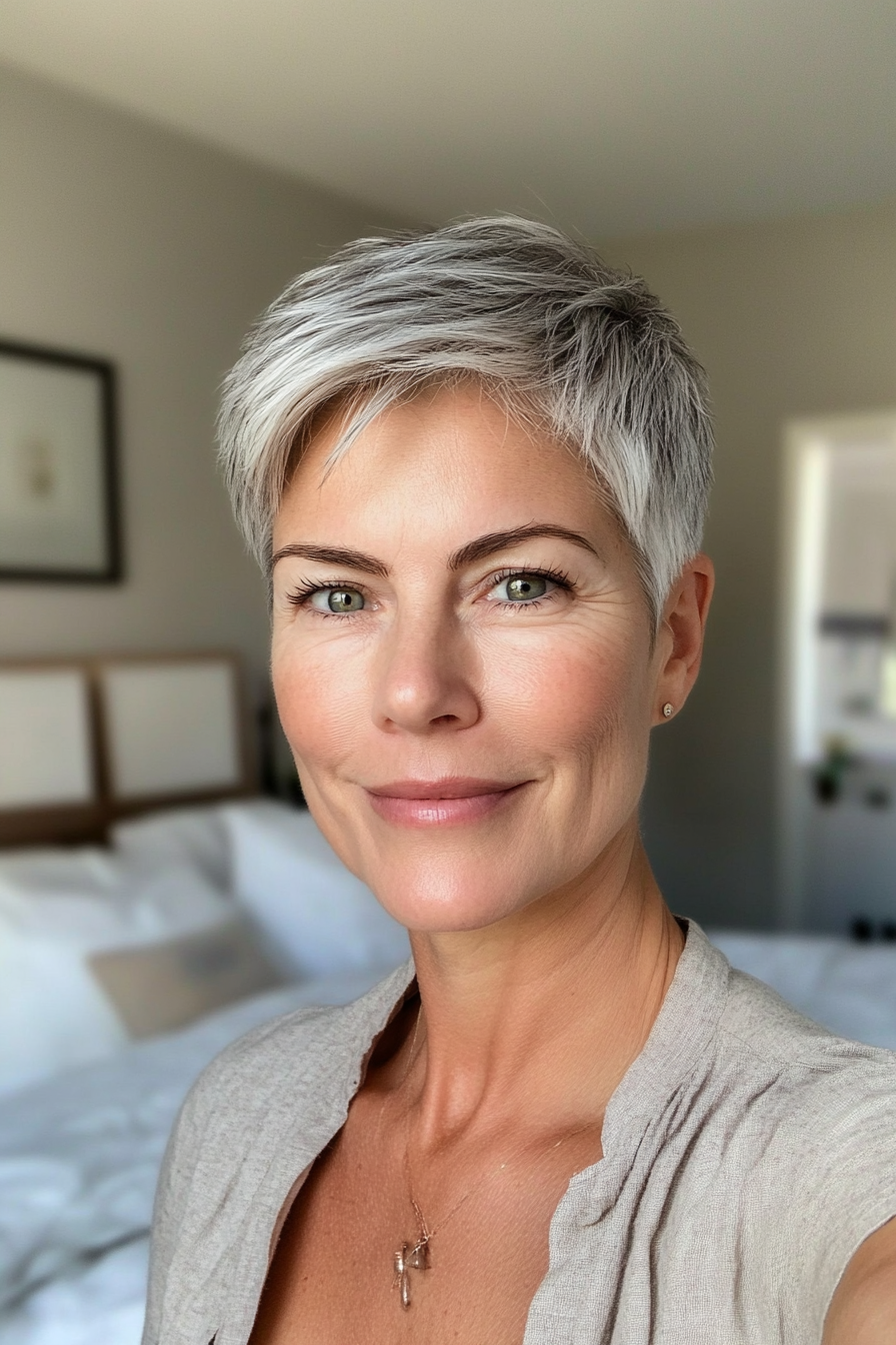 11. Feathered Pixie with Gray Tones (Short Haircuts For Women Over 50) - Short Haircuts For Women Over 50