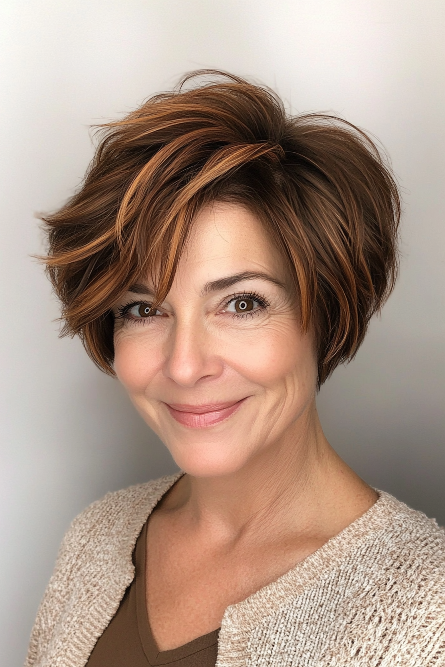 12. Choppy Layers with Caramel Brown Highlights (Short Haircuts For Women Over 50) - Short Haircuts For Women Over 50