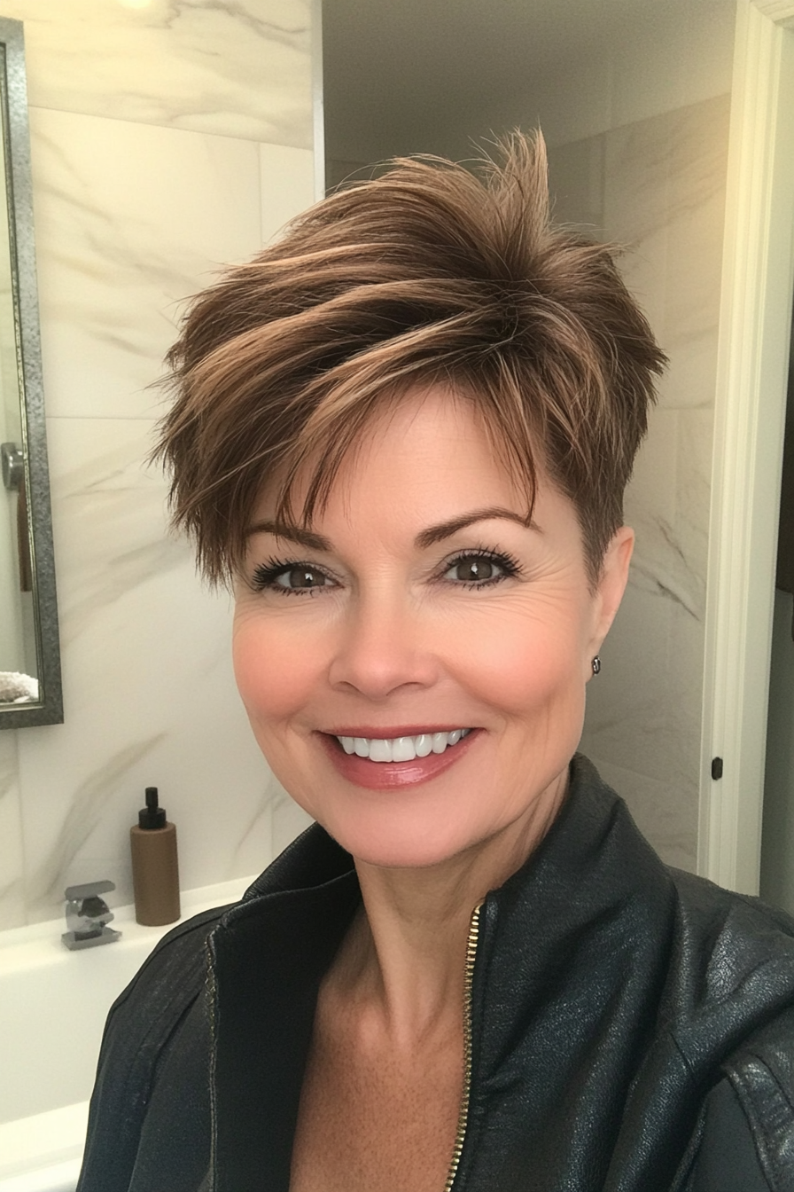 15. Pixie with a Quiff and Cool Brown (Short Haircuts For Women Over 50) - Short Haircuts For Women Over 50