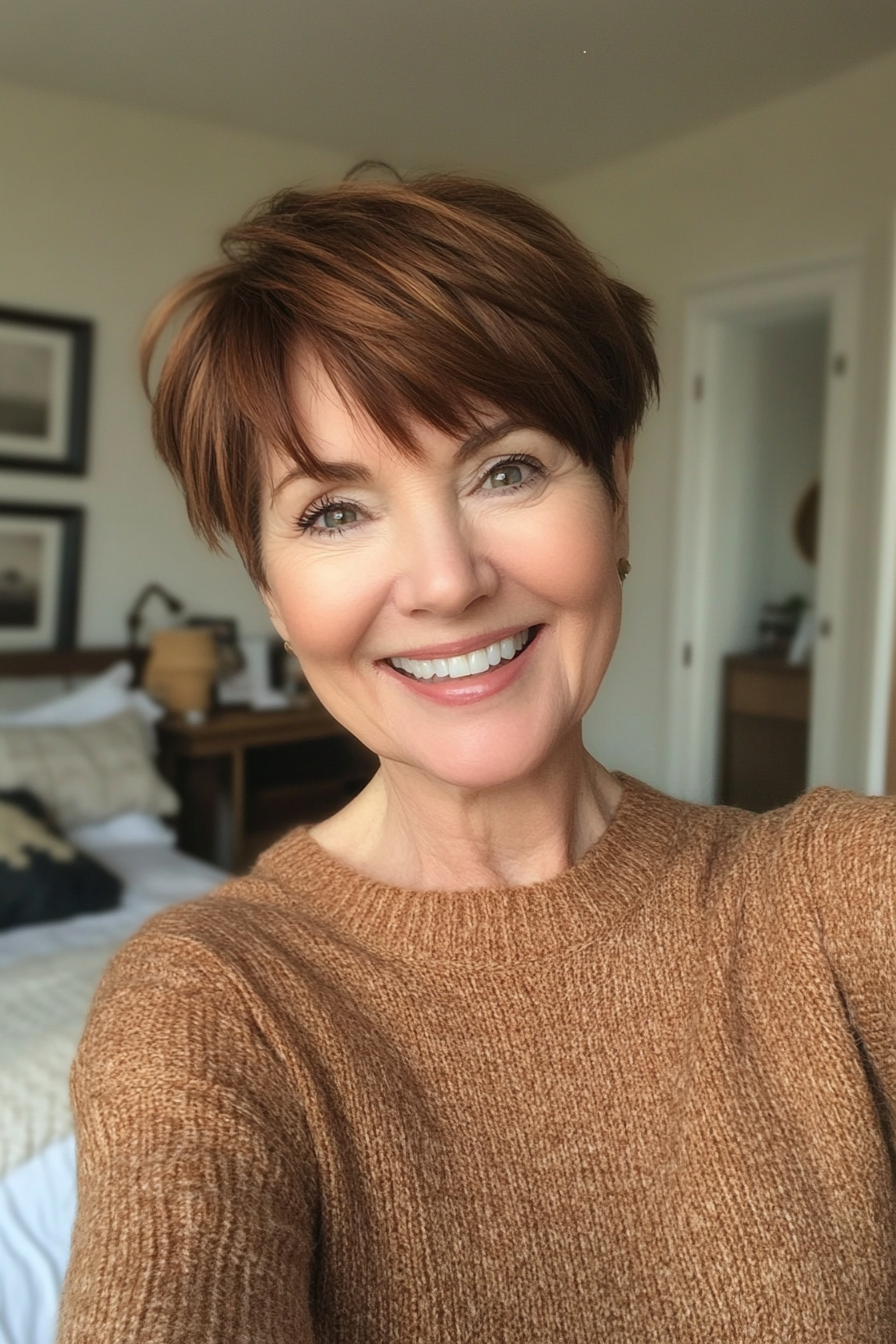 17. Short Crop with Warm Chestnut (Short Haircuts For Women Over 50) - Short Haircuts For Women Over 50