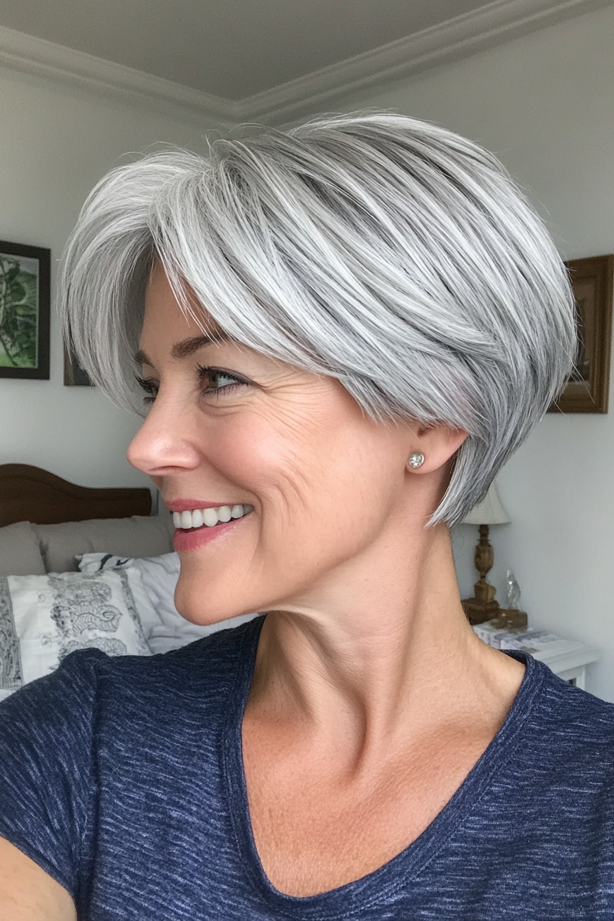 18. Ear-Length Cut with Frosted Silver Highlights (Short Haircuts For Women Over 50) - Short Haircuts For Women Over 50