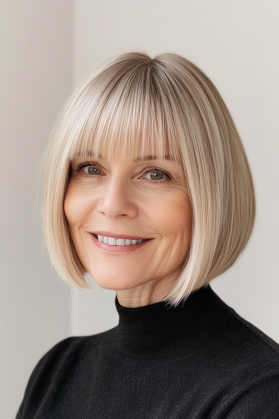 23. Short Bob with Blunt Bangs and Warm Beige Blonde (Short Haircuts For Women Over 50) - Short Haircuts For Women Over 50