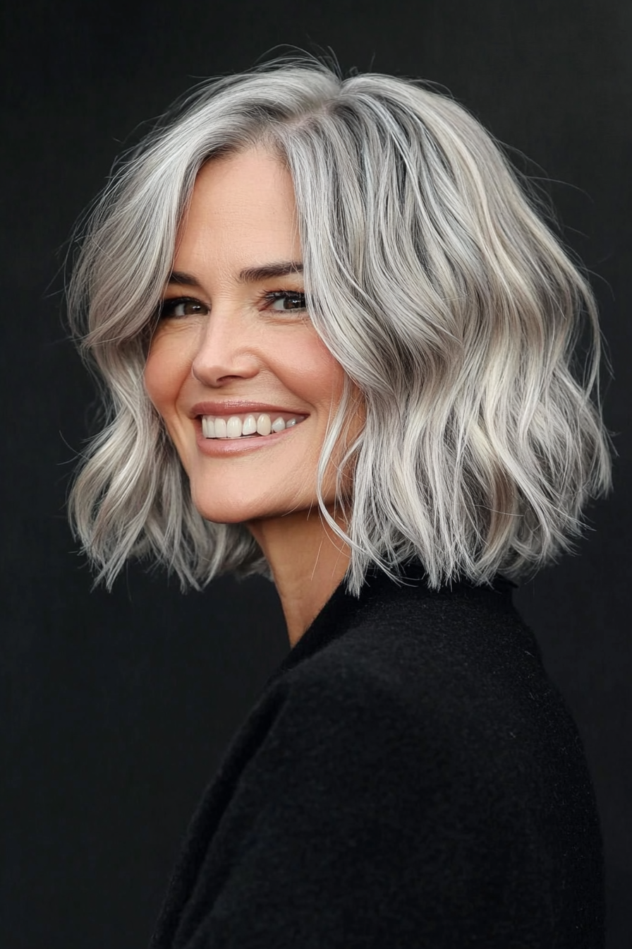 26. Wavy Lob with Silver Streaks (Short Haircuts For Women Over 50) - Short Haircuts For Women Over 50