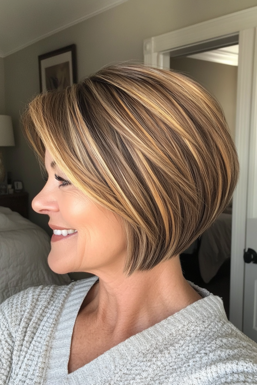 27. Short Angular Bob with Golden Highlights (Short Haircuts For Women Over 50) - Short Haircuts For Women Over 50