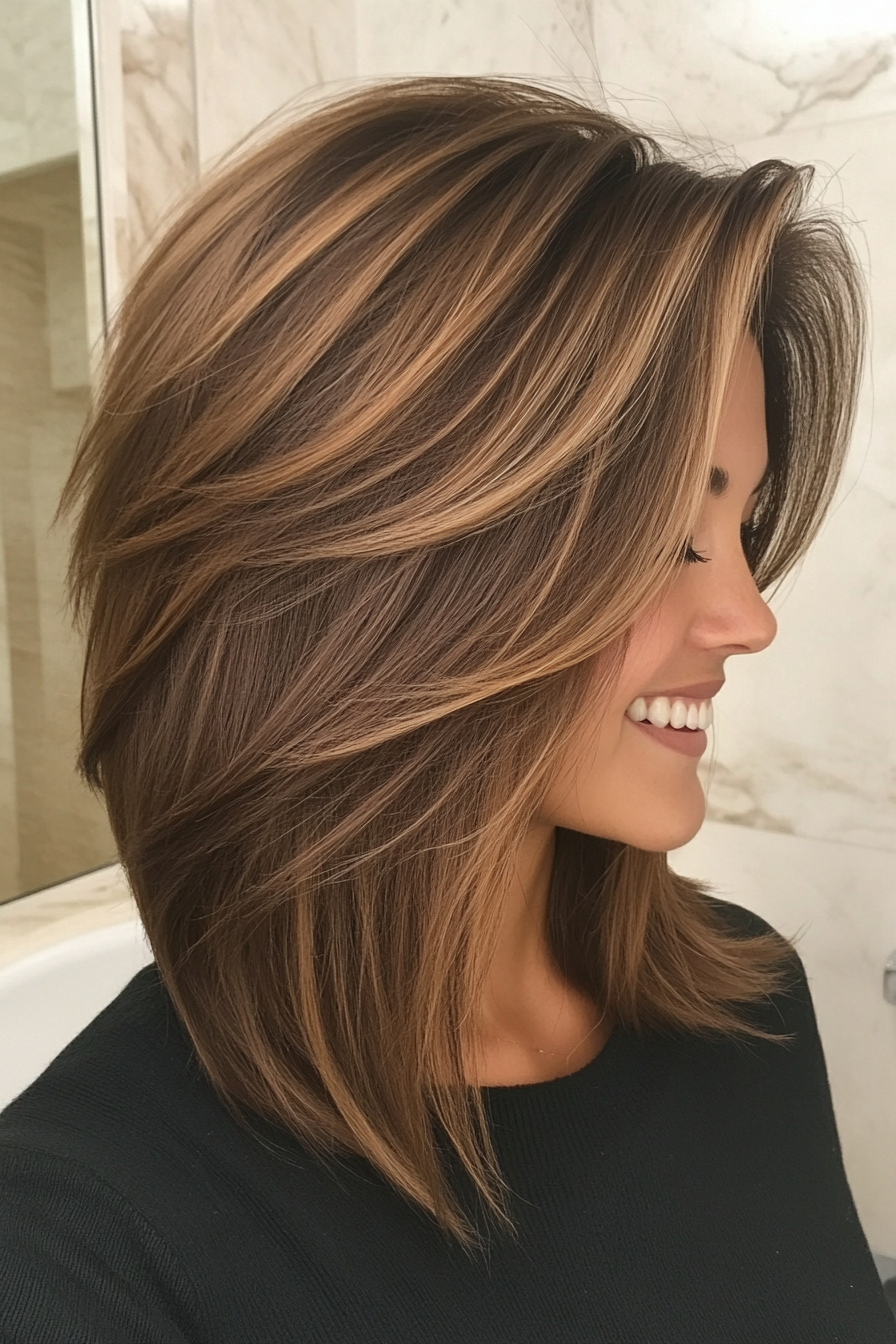 25. Caramel Feathered Lob (Chic Short Haircuts) - Chic Short Haircuts
