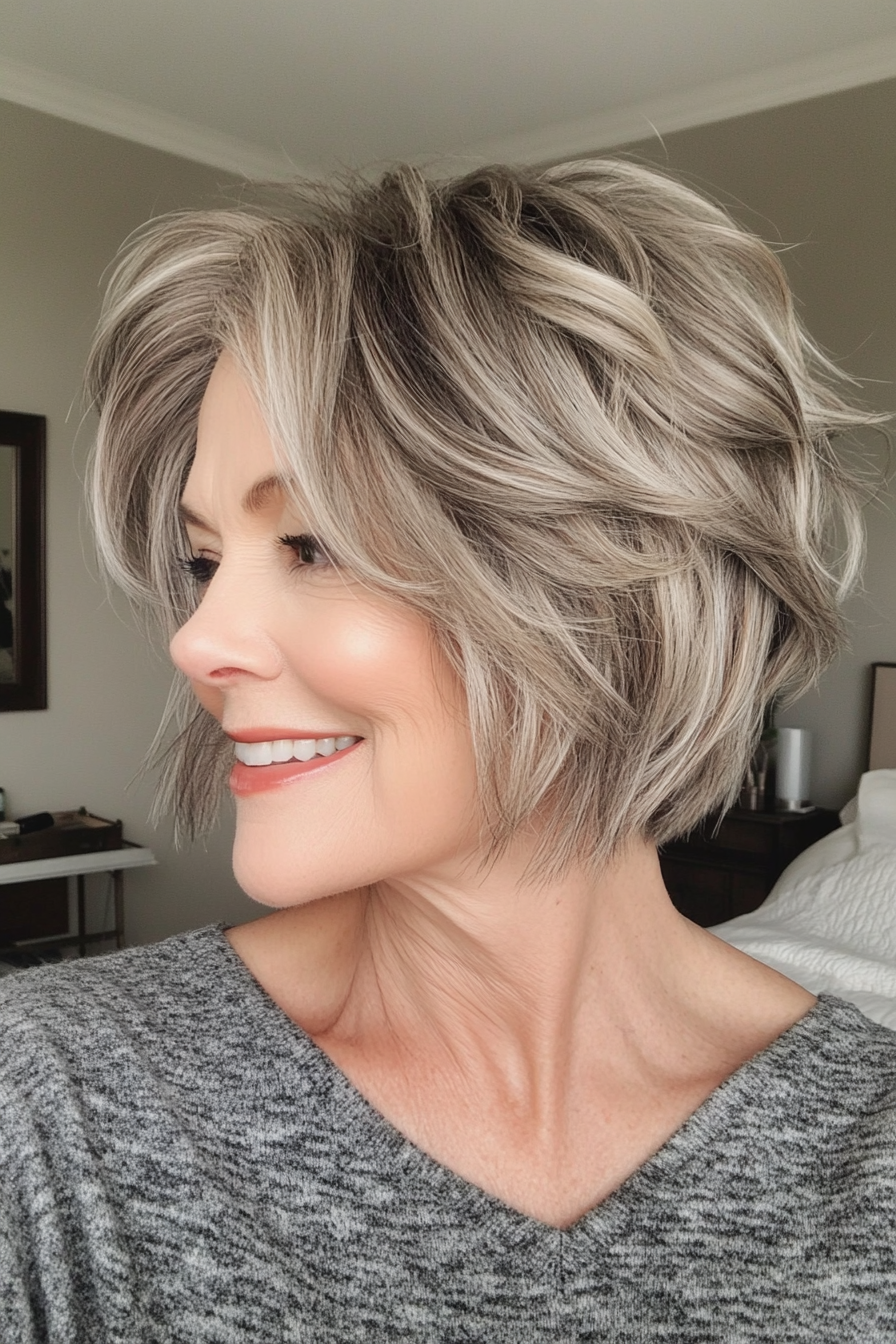 4. Salt-and-Pepper Tousled Bob (Short Hairstyles For Women Over 60) - Short Hairstyles For Women Over 60