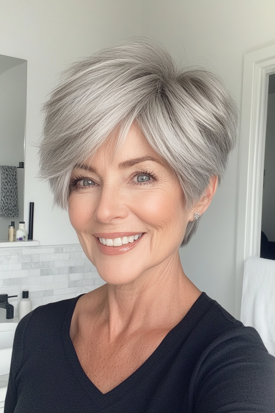 8. Steel Gray Layered Pixie (Short Hairstyles For Women Over 60) - Short Hairstyles For Women Over 60