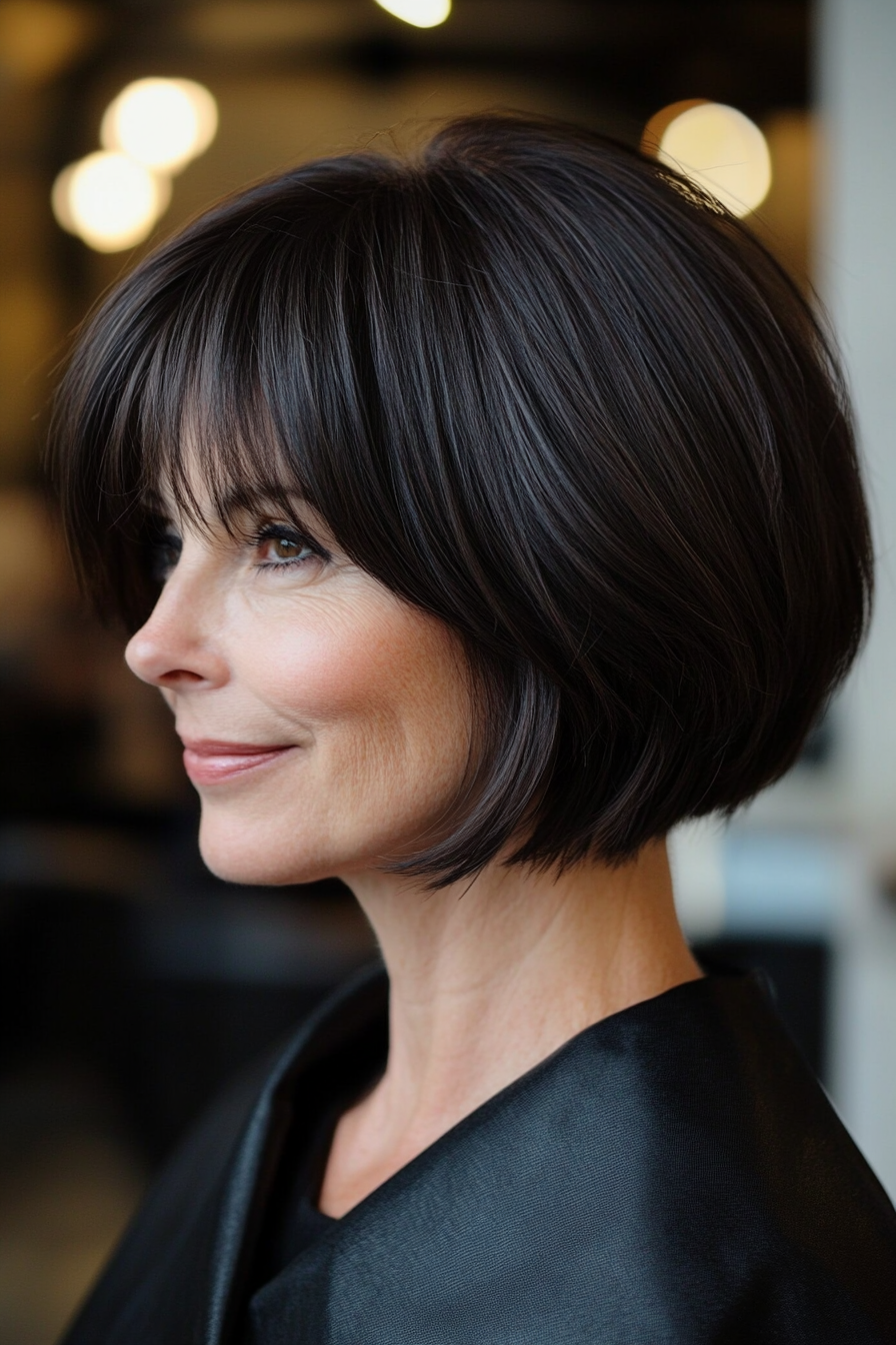 17. Rich Espresso Bob with Bangs (Short Hairstyles For Women Over 60) - Short Hairstyles For Women Over 60