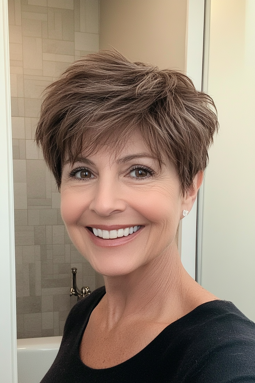 19. Ash Brown Textured Pixie (Short Hairstyles For Women Over 60) - Short Hairstyles For Women Over 60