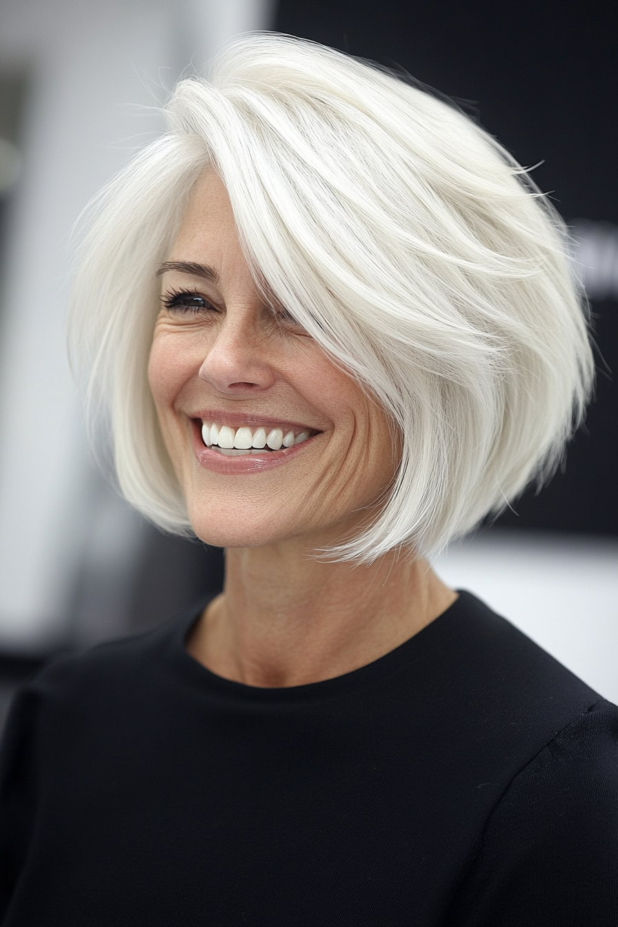 22. Layered White Blonde Bob (Short Hairstyles For Women Over 60) - Short Hairstyles For Women Over 60