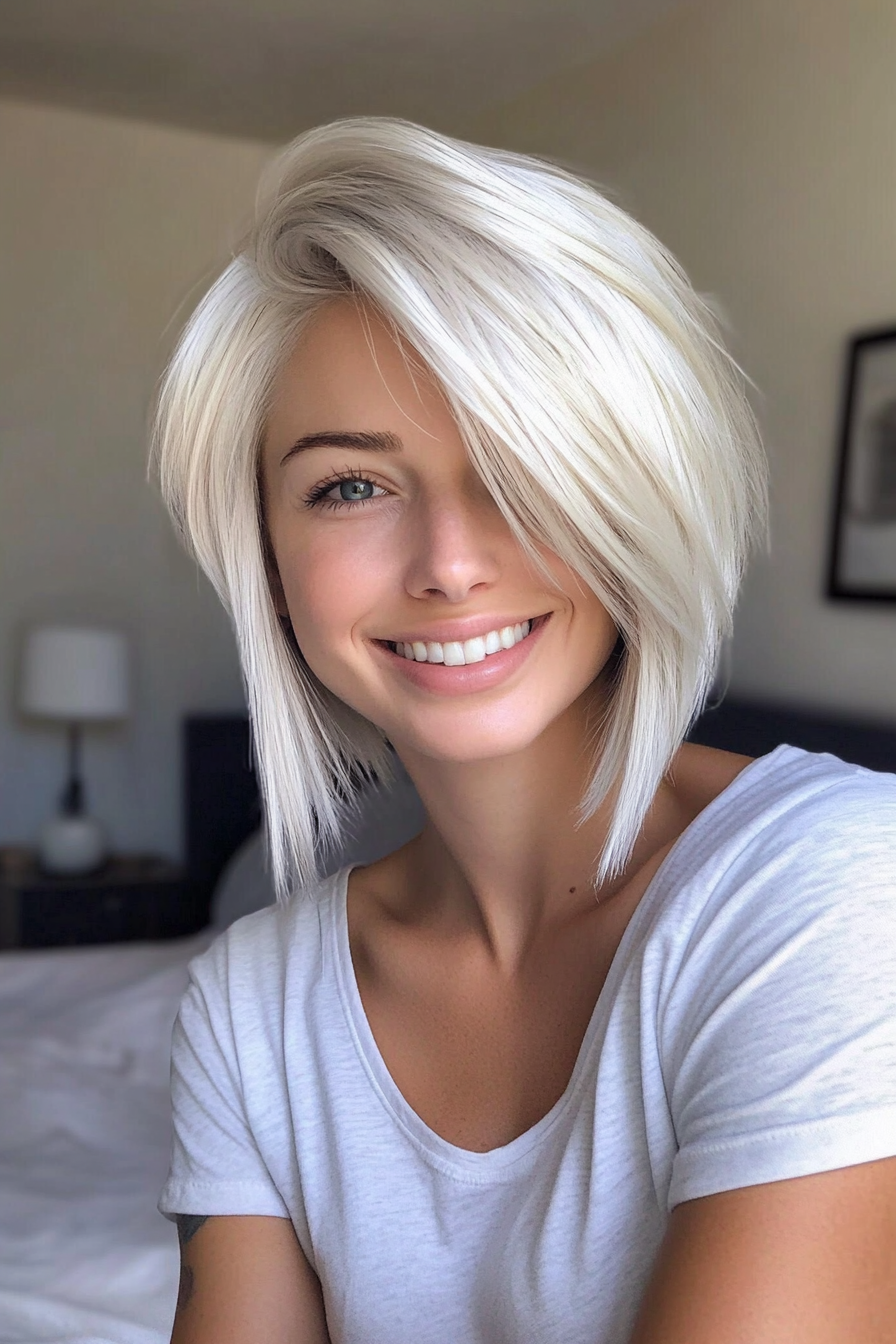 19. Cool Platinum Blonde Side-Swept Pixie (Long Pixie Cuts) - Long Pixie Cuts