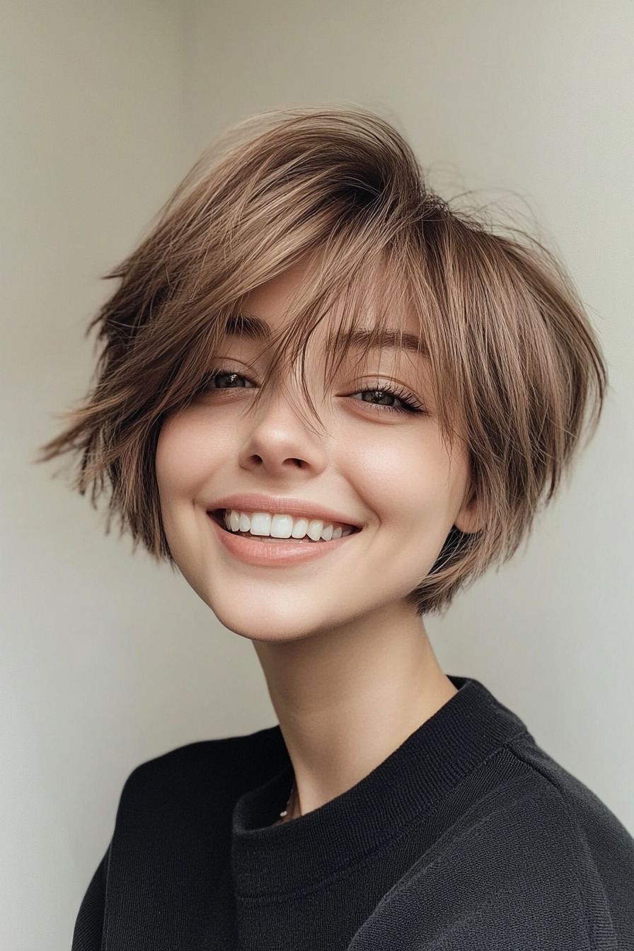 27. Bronzed Hazelnut Pixie with Wispy Bangs (Long Pixie Cuts) - Long Pixie Cuts