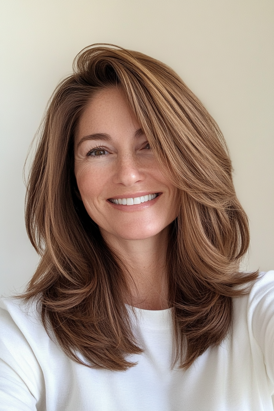 1. Layered Lob with Warm Chestnut (Medium Length Hairstyles For Women Over 50) - Medium Length Hairstyles For Women Over 50