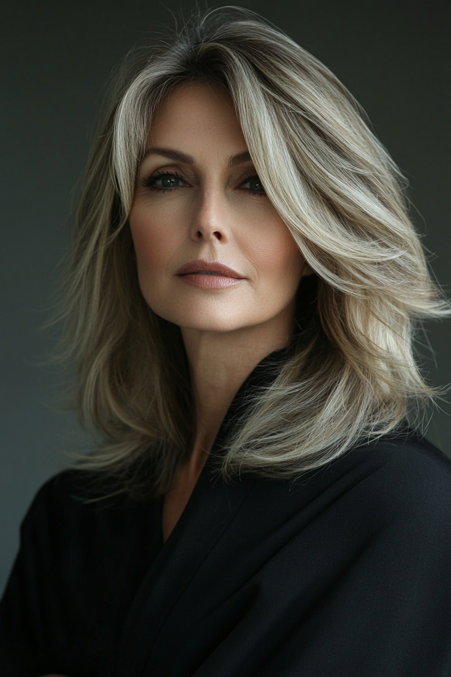 3. Feathered Layers in Dark Blonde (Medium Length Hairstyles For Women Over 50) - Medium Length Hairstyles For Women Over 50