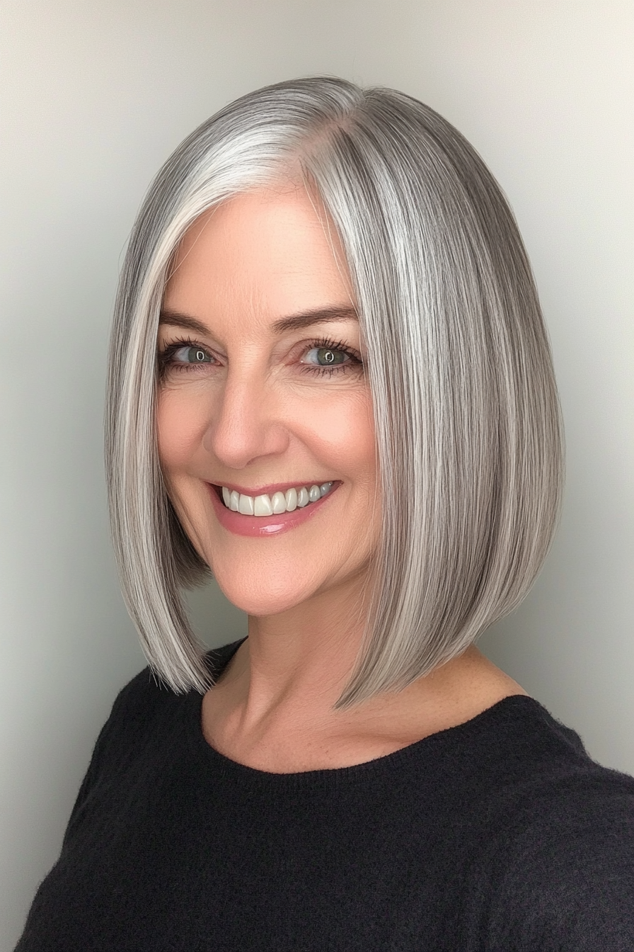 4. Classic Bob with Silver Highlights (Medium Length Hairstyles For Women Over 50) - Medium Length Hairstyles For Women Over 50