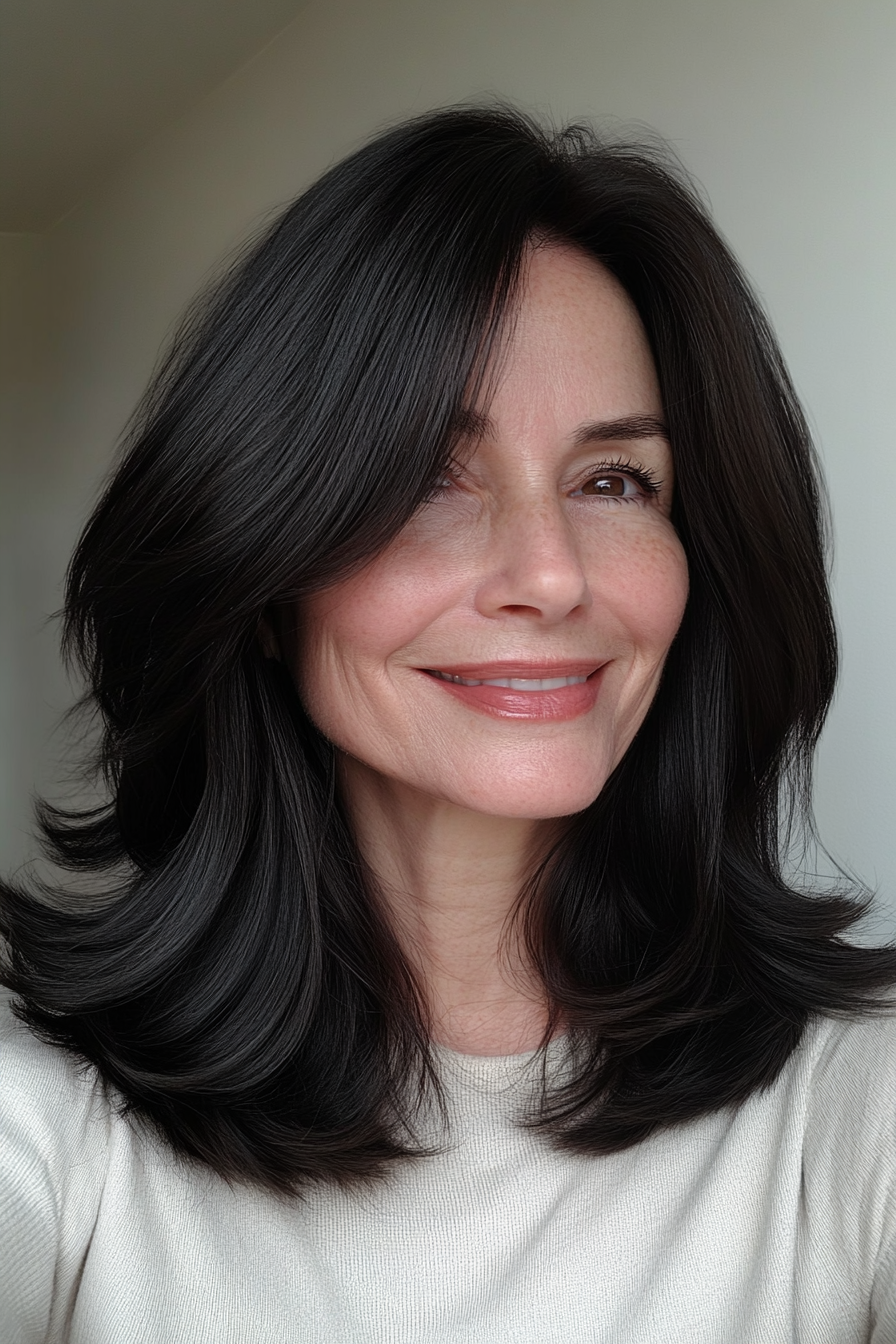 6. Curtain Bangs with Soft Black (Medium Length Hairstyles For Women Over 50) - Medium Length Hairstyles For Women Over 50