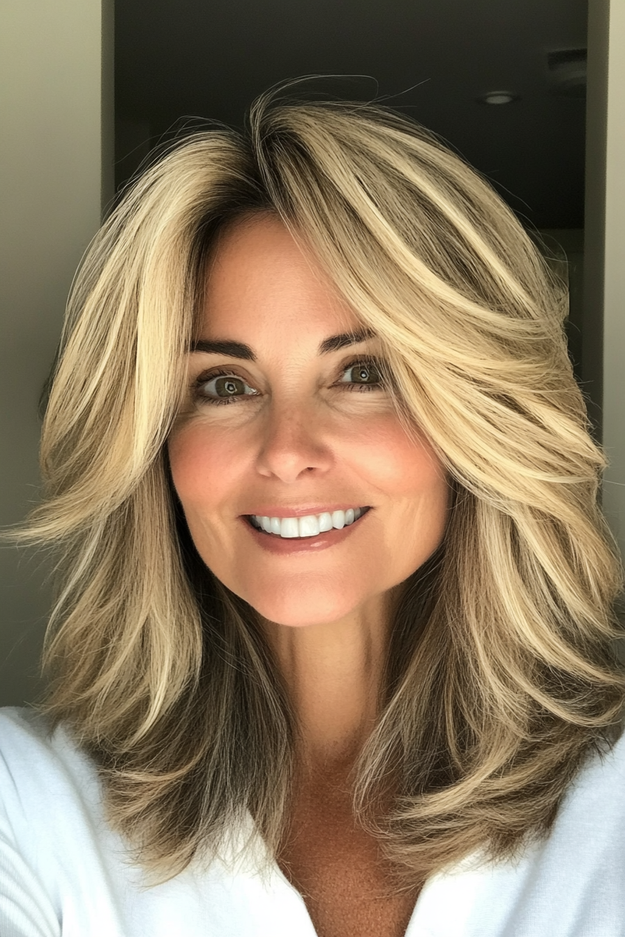 7. Textured Layers with Honey Blonde (Medium Length Hairstyles For Women Over 50) - Medium Length Hairstyles For Women Over 50