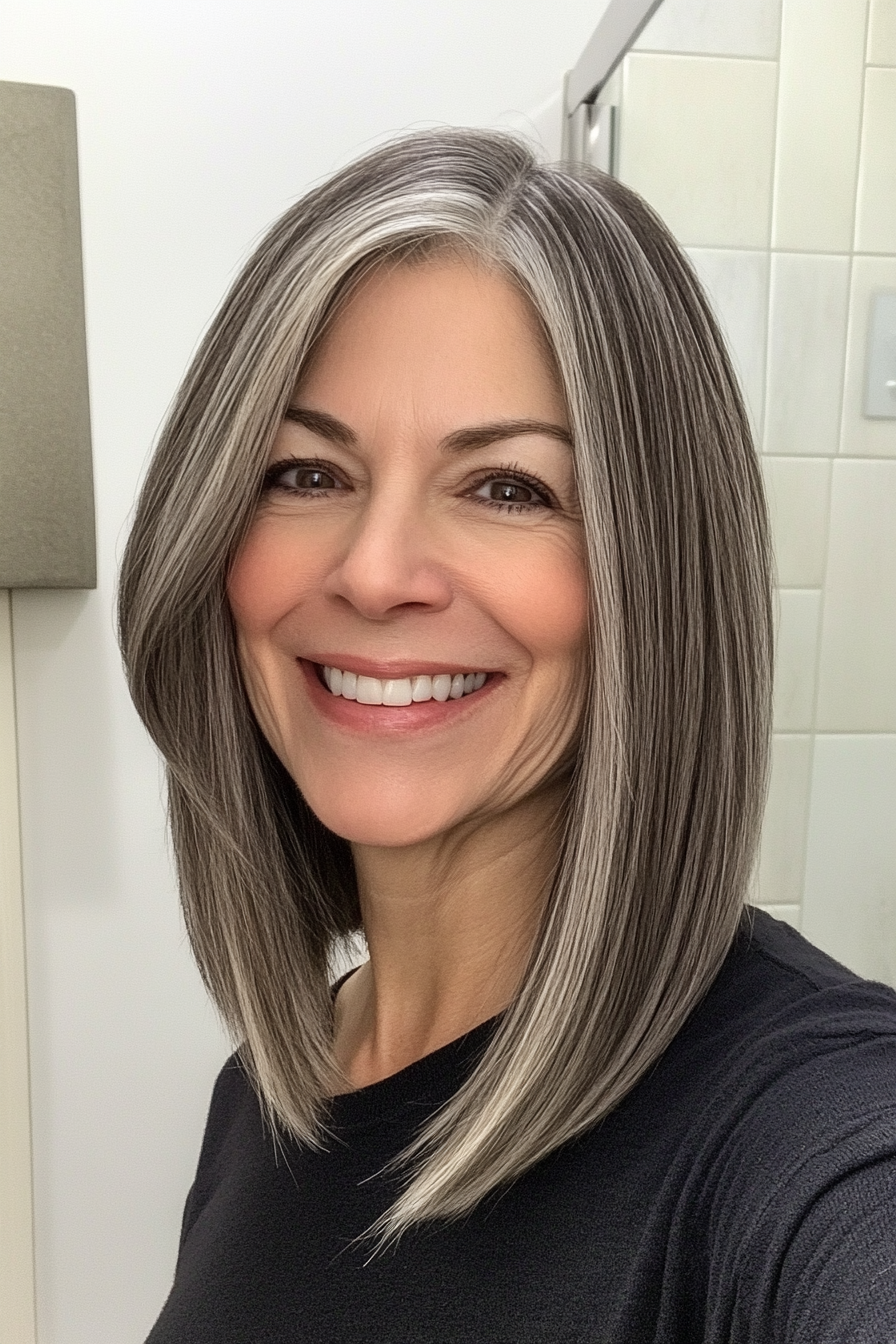 8. Angled Lob with Salt and Pepper (Medium Length Hairstyles For Women Over 50) - Medium Length Hairstyles For Women Over 50