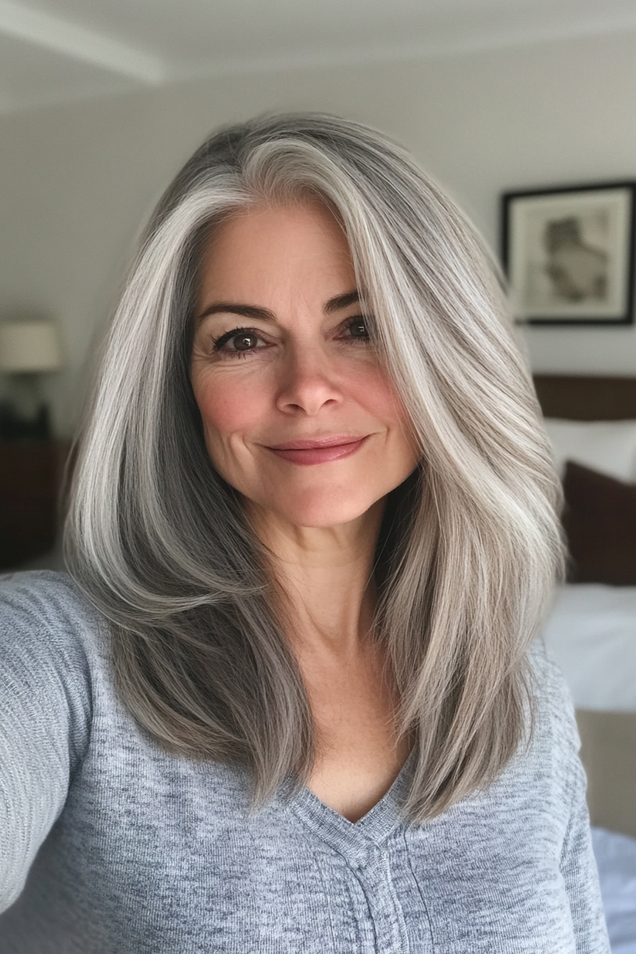 10. Side-Swept Layers in Soft Gray (Medium Length Hairstyles For Women Over 50) - Medium Length Hairstyles For Women Over 50