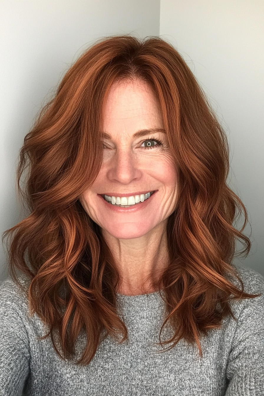 12. Tousled Waves with Dark Copper (Medium Length Hairstyles For Women Over 50) - Medium Length Hairstyles For Women Over 50