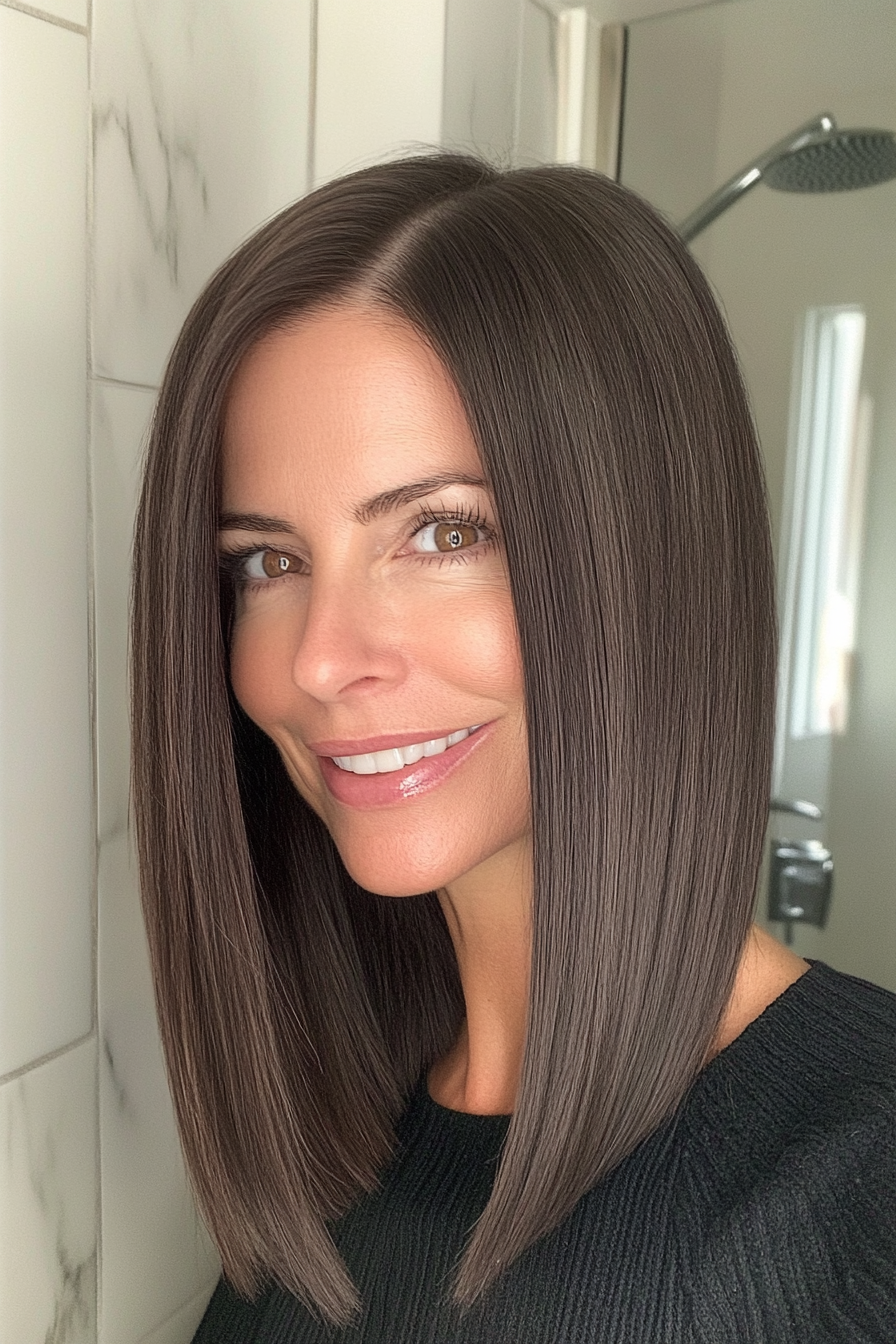 13. Sleek Lob with Dark Chocolate (Medium Length Hairstyles For Women Over 50) - Medium Length Hairstyles For Women Over 50