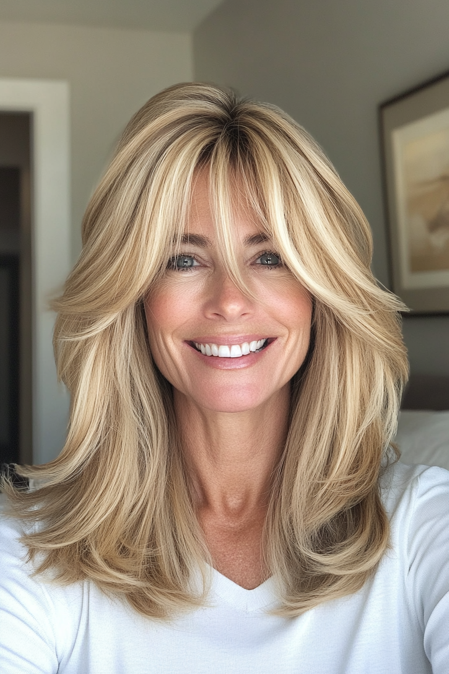 14. Fringed Layers with Sandy Blonde (Medium Length Hairstyles For Women Over 50) - Medium Length Hairstyles For Women Over 50