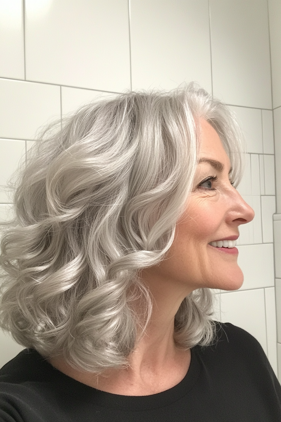 15. Natural Curls with Silver Blonde (Medium Length Hairstyles For Women Over 50) - Medium Length Hairstyles For Women Over 50