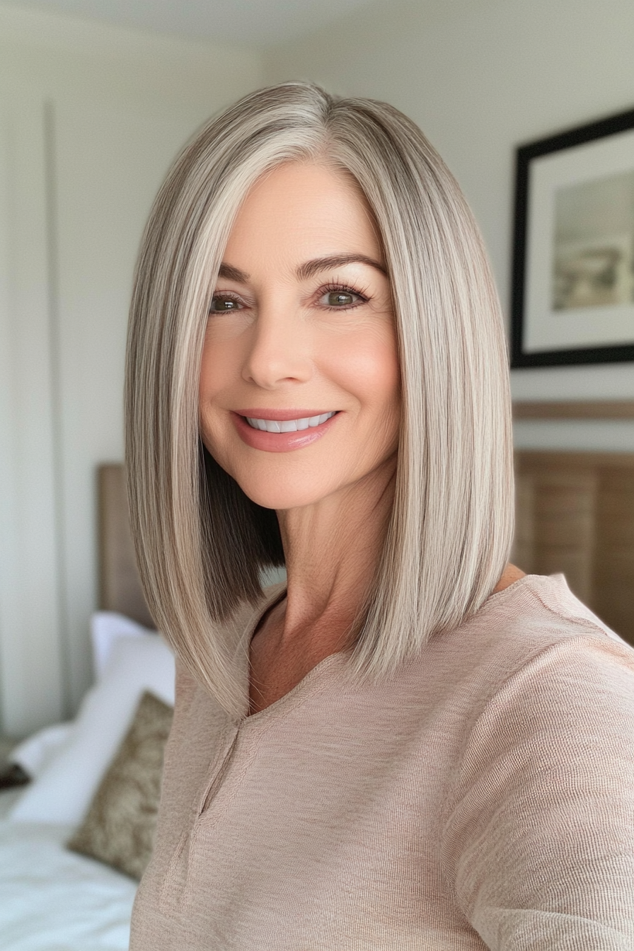 17. Straight Midi with Ash Blonde (Medium Length Hairstyles For Women Over 50) - Medium Length Hairstyles For Women Over 50