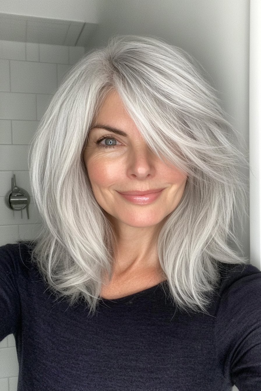 23. Soft Wispy Bangs with Pearl Gray (Medium Length Hairstyles For Women Over 50) - Medium Length Hairstyles For Women Over 50