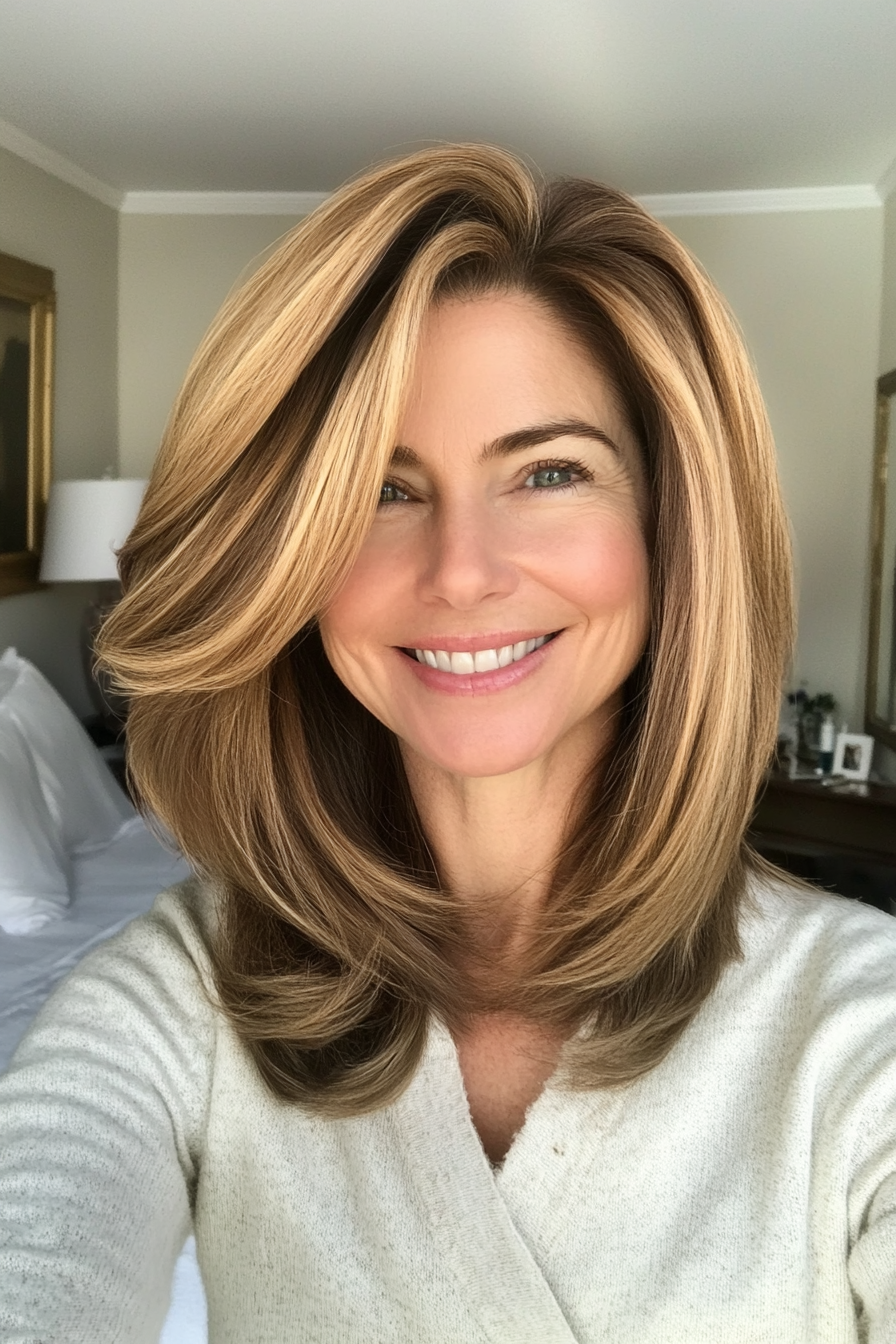 24. Graduated Lob with Honey Brown (Medium Length Hairstyles For Women Over 50) - Medium Length Hairstyles For Women Over 50